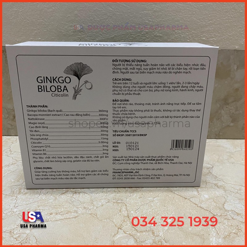 Viên bổ não GINKGO BILOBA 360mg Giúp tăng cường trí nhớ, tập trung trí tuệ - Hộp cứng 100 viên