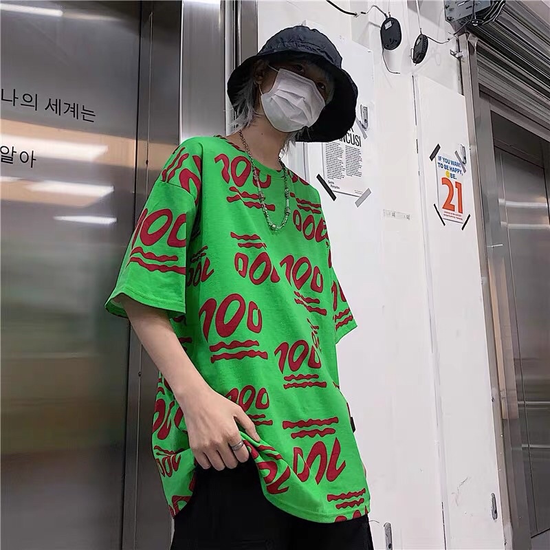 Áo thun xanh unisex tay lỡ in hình hoạ tiết 100 phong cách ulzzang Hàn Quốc