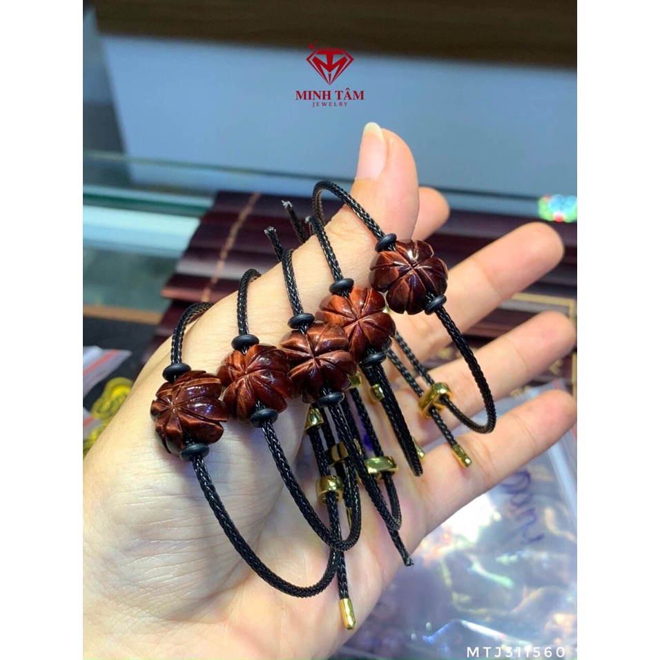 Vòng tay cỏ bốn lá mắt hổ nâu vàng mix dây cước kim loại, Vòng tay dây cước cỏ bốn lá đá mắt hổ-Minh Tâm Jewelry