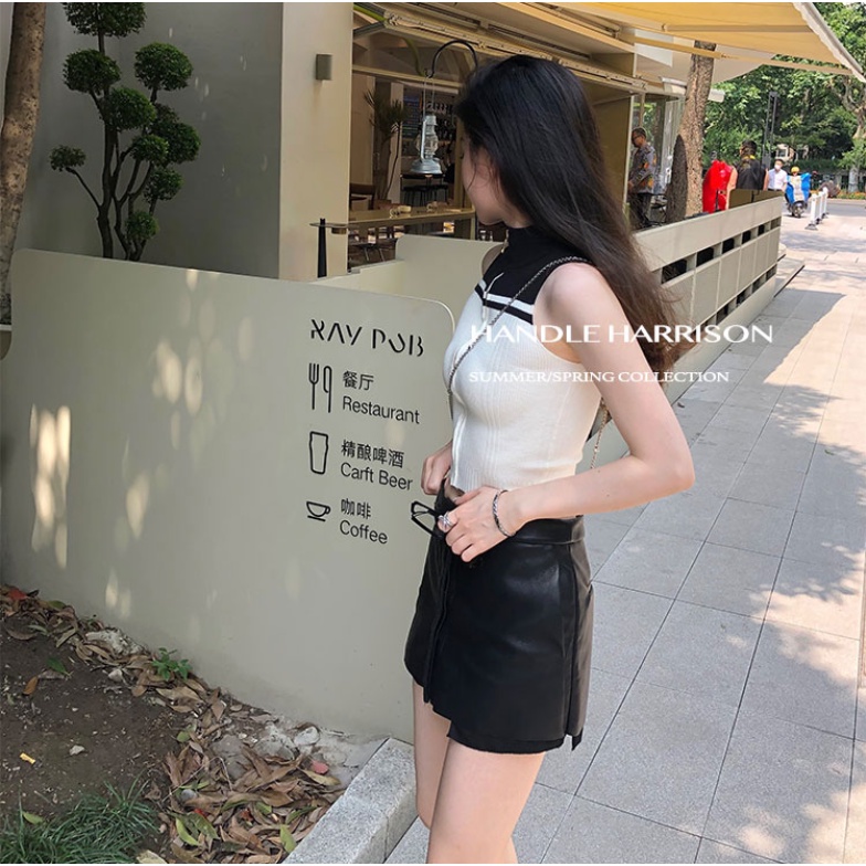 Áo Croptop Dệt Kim Sát Nách Phối Khóa Kéo Màu Sắc Thời Trang Mùa Hè Cho Nữ
