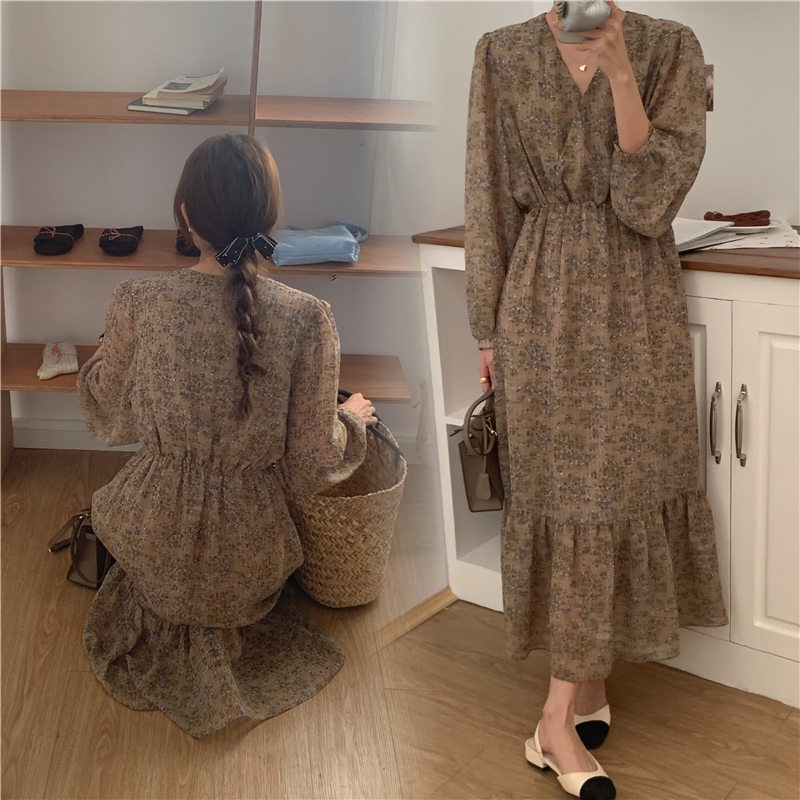 Đầm voan Peppermint họa tiết hoa tay dài phong cách retro thời trang cho nữ 55568