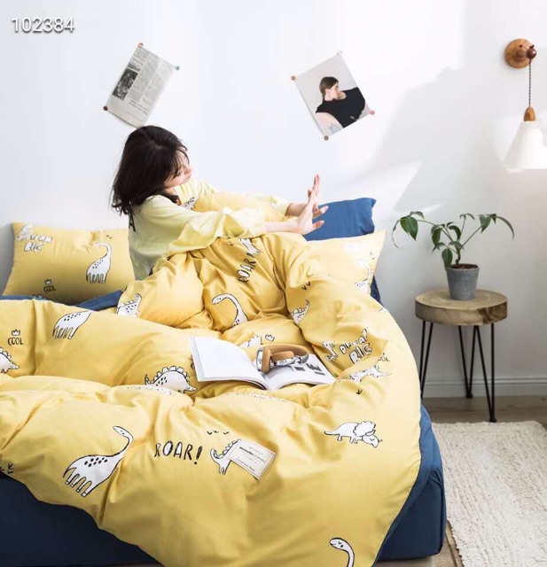 Bộ chăn ga Cotton hoạt tính - Khung long vàng.