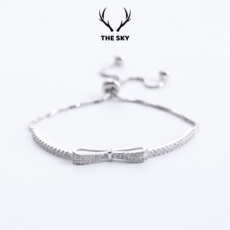 Vòng Tay Bạc Nữ THE SKY VT1028 Nơ Đá Dây Rút Tùy Chỉnh Theo Tay
