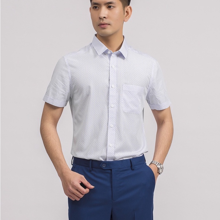 Áo sơ mi nam công sở Aristino tay ngắn màu trắng kẻ ô dáng Slim fit chất sợi tre bền màu sắc nét ASS055S9