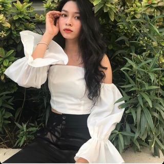 Áo croptop hở vai tay loe bồng chất thô chun - by SugarG