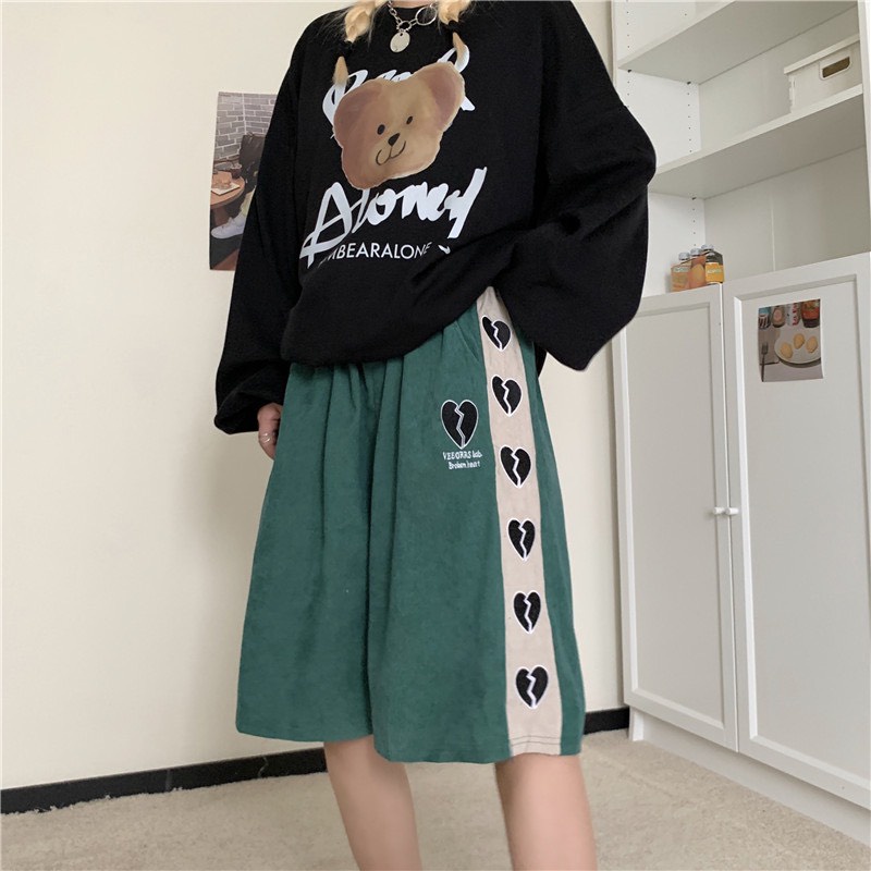 Quần Lửng Tim Cạnh Quần Đùi Form Rộng Unisex Chất Đẹp Dày Dặn Phong Cách Ullzang Hàn Quốc