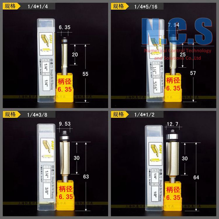ARDEN 0201 - 0202: Mũi CNC phay gỗ thẳng có bi dưới cán 6.35mm và 12.7mm
