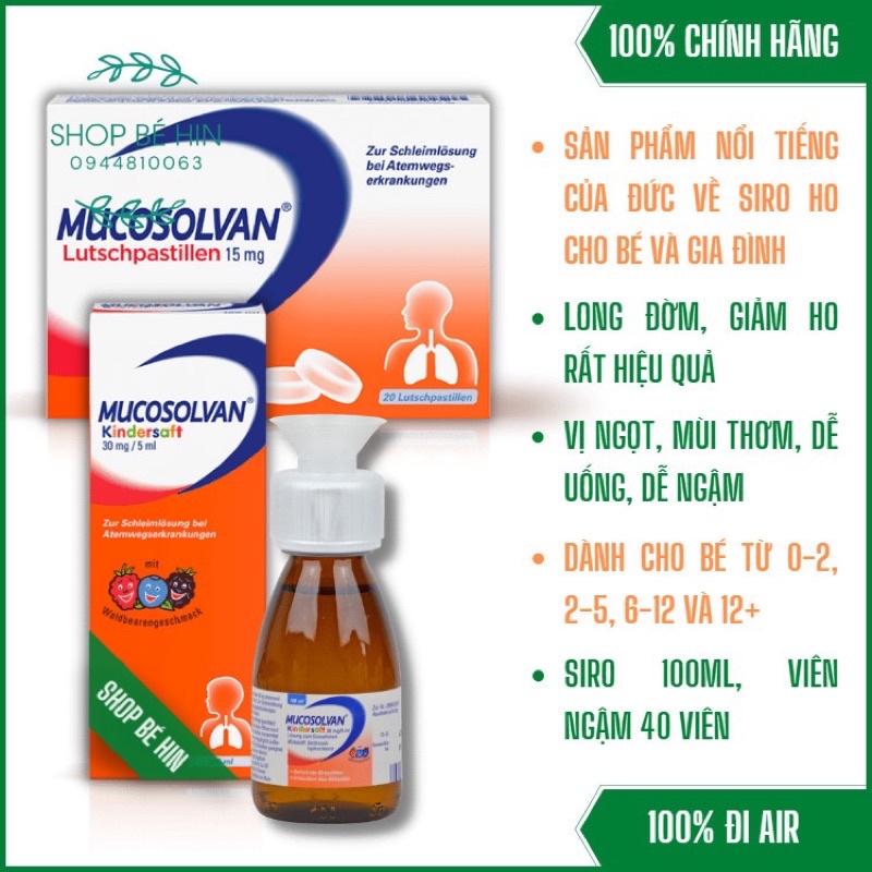 (Đủ Bill) Siro ho Mucosolvan cho bé 100ml và viên ngậm Mucosolvan Đức