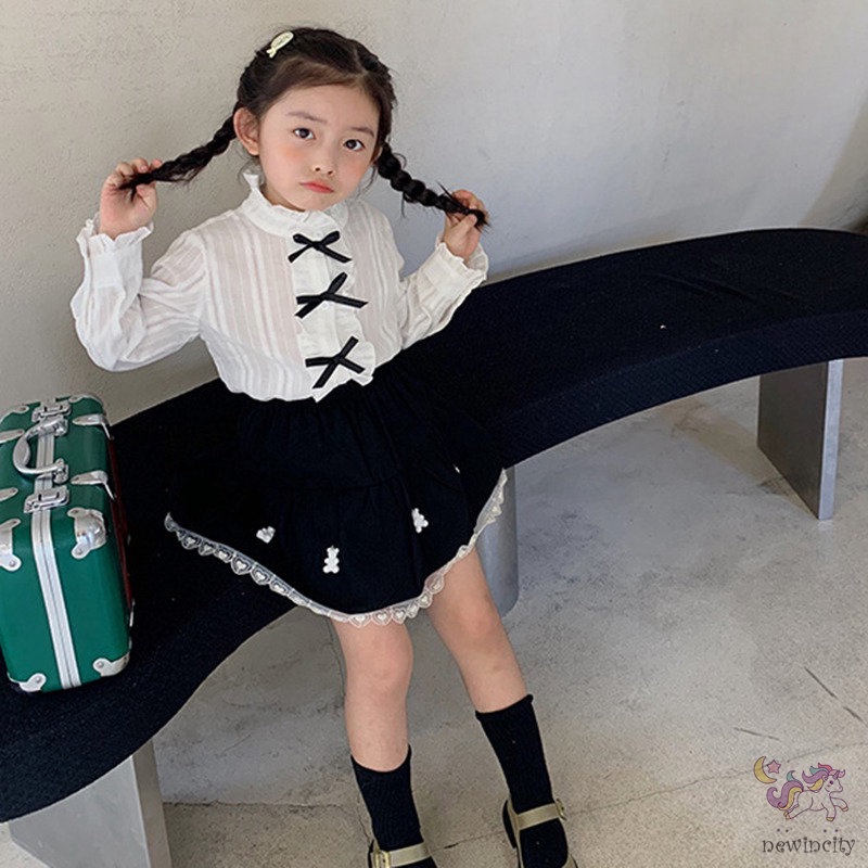 Bộ áo dài tay + chân váy phối ren thời trang cho bé gái