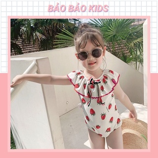 Bộ đồ bơi liền thân cho bé gái vải mềm họa tiết dâu tây phối nơ xinh xắn (8-17kg) - Baobaokids