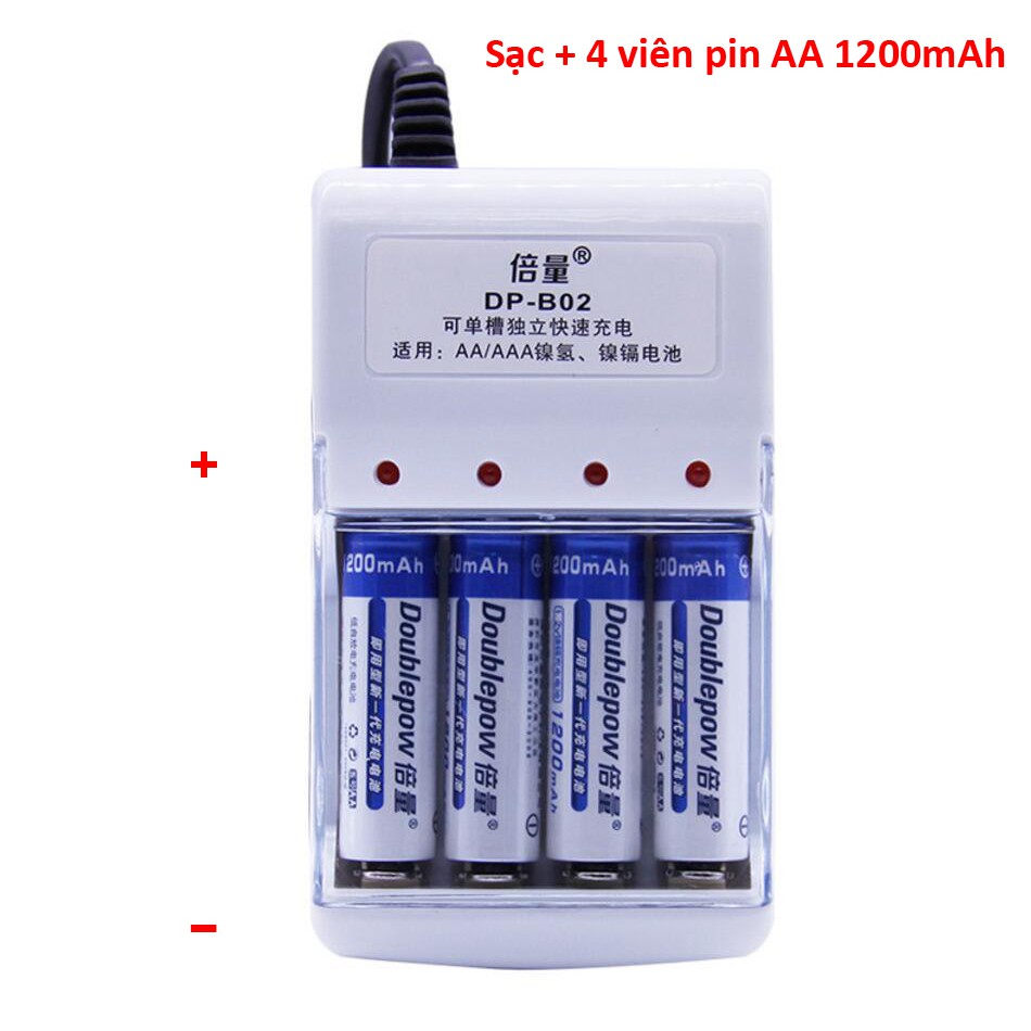 Combo sạc DP-B02 và 4 pin sạc NiMh 1.2V AA/AAA Doublepow 2A/3A Cam Kết Dung Lượng Thật BH 12 tháng