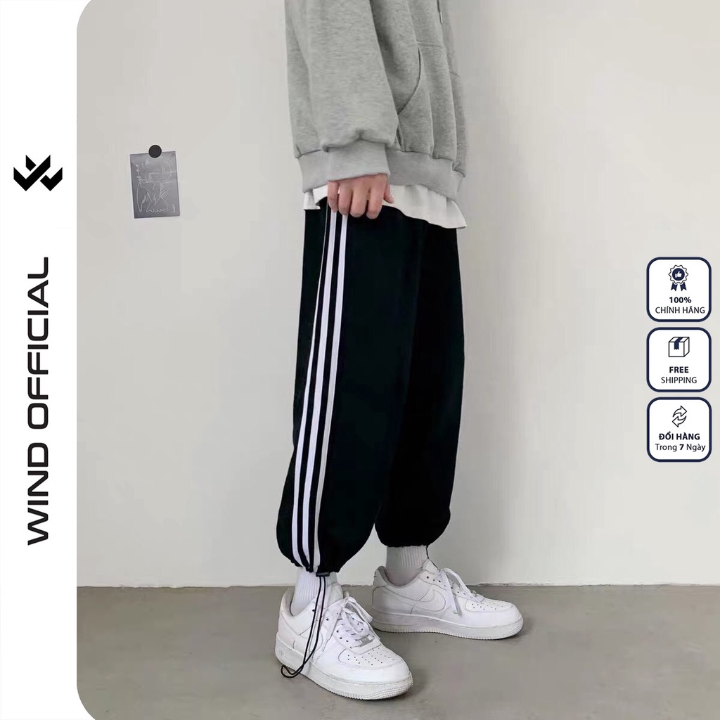 Quần jogger ống rộng WIND unisex dây rút bo chun  3 LINE overszie nam nữ ulzzang