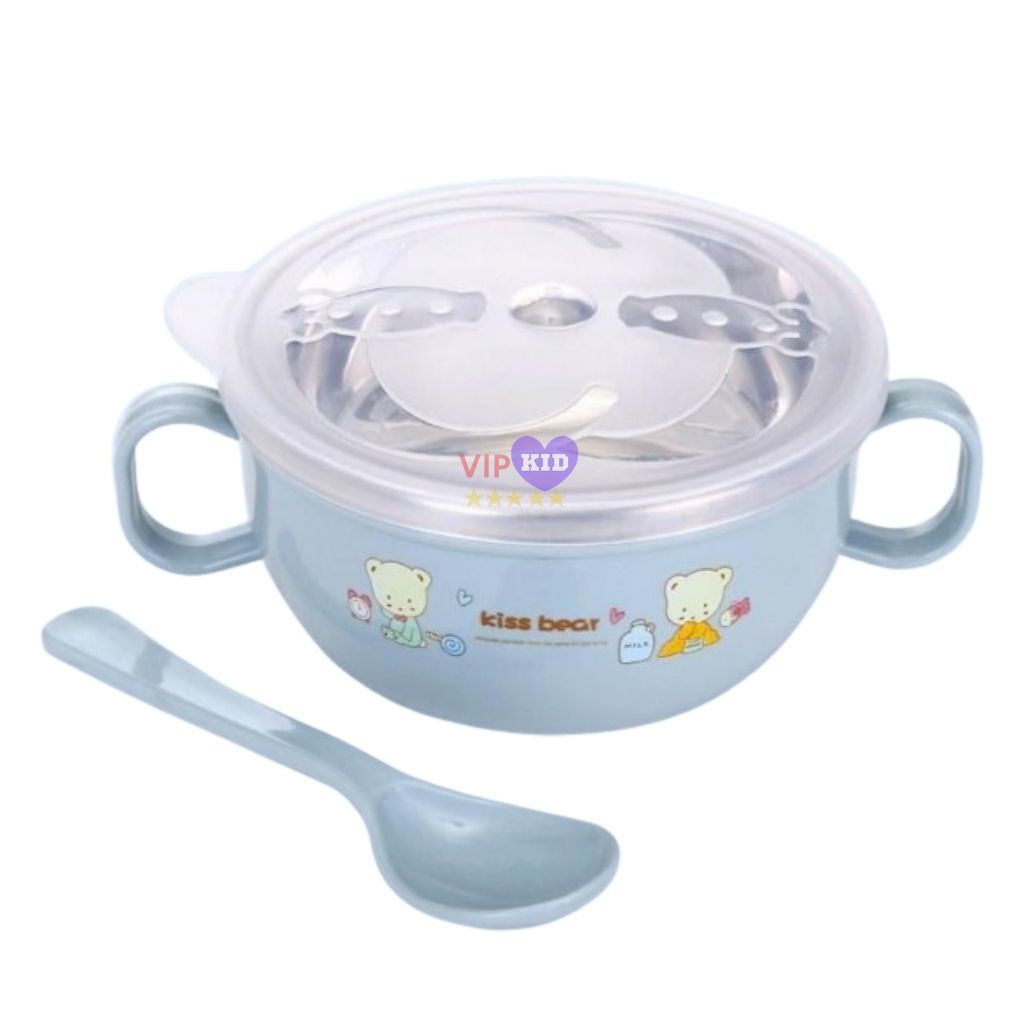 Bát ăn dặm cho bé inox Kiss Bear 2 lớp Cách Nhiệt Tặng Kèm Thìa Tập Xúc - VIPKID