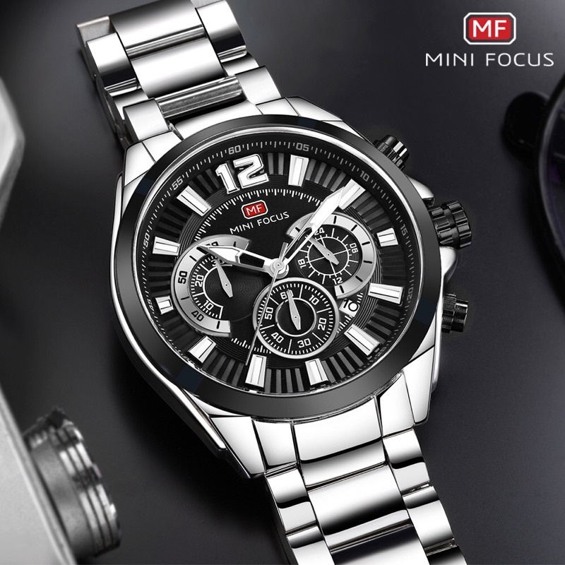 Đồng hồ nam MINI FOCUS MF0104G.04 dây thép mặt đen viền thép không gỉ kim bạc 3 kim hàng chính hãng cao cấp Nhật Bản