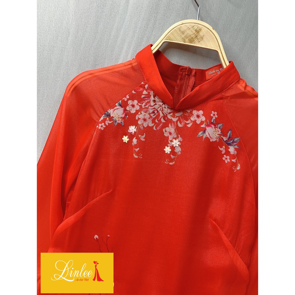 Áo dài lụa LINLEE 🎀FREESHIP🎀Áo dài cách tân đỏ in họa tiết độc đáo