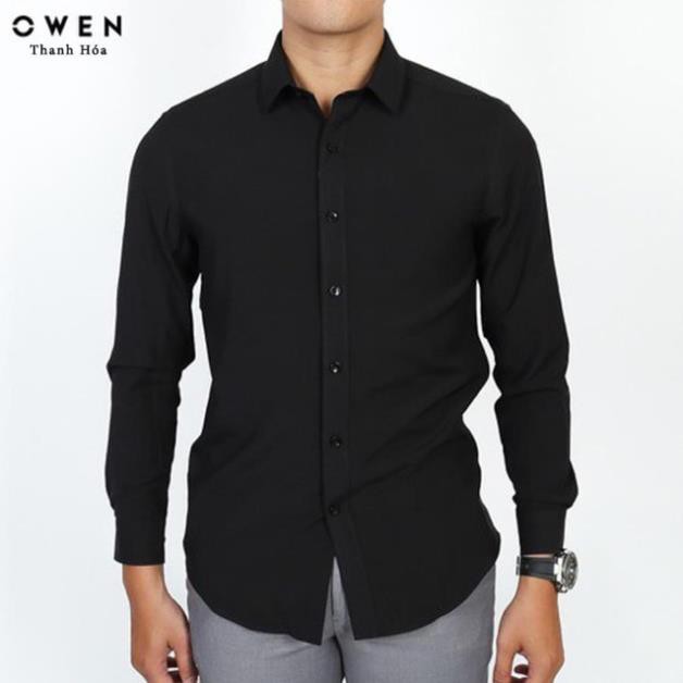 HOT Sales 11-11 . (ẢNH THẬT) OWEN - Áo sơ mi dài tay Owen rugular fit màu đen trơn 90646 Cực Đẹp . Đẹp . ✔️ . , . :