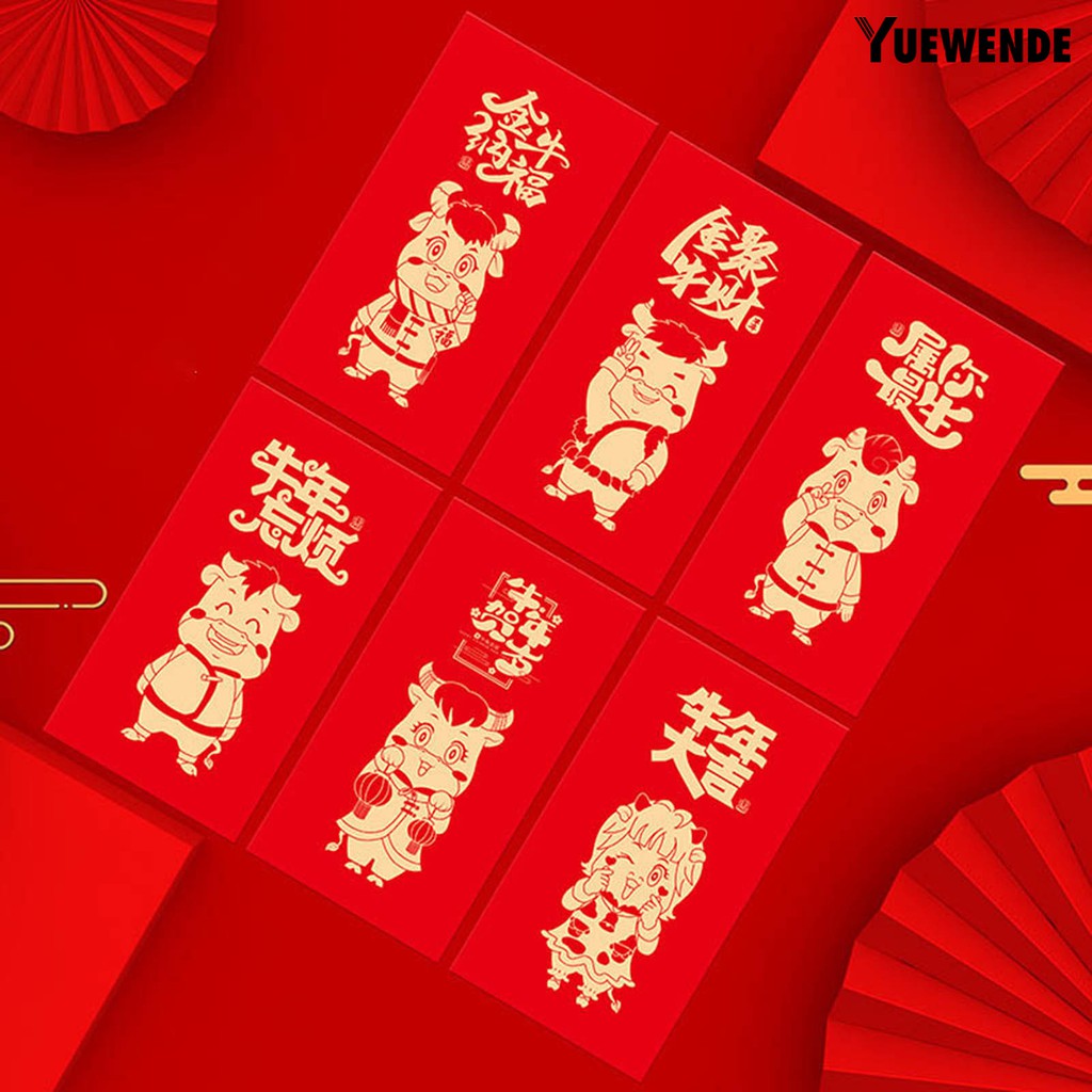 Set 6 Bao Lì Xì Màu Đỏ May Mắn Họa Tiết Hoạt Hình 2021