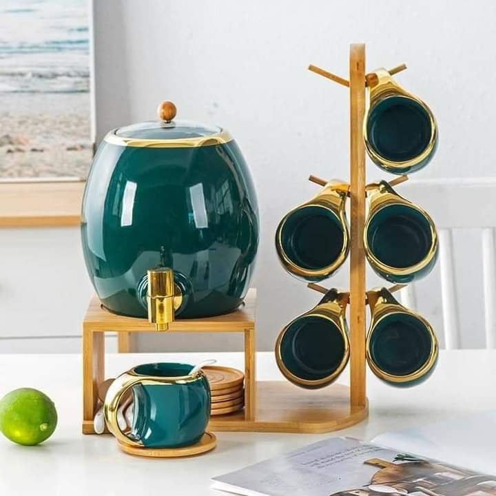 Bộ bình trà gốm sứ, bình trà sứ cao cấp xanh cổ vịt viền vàng dung tích 3l phong cách Bắc Âu sang trọng