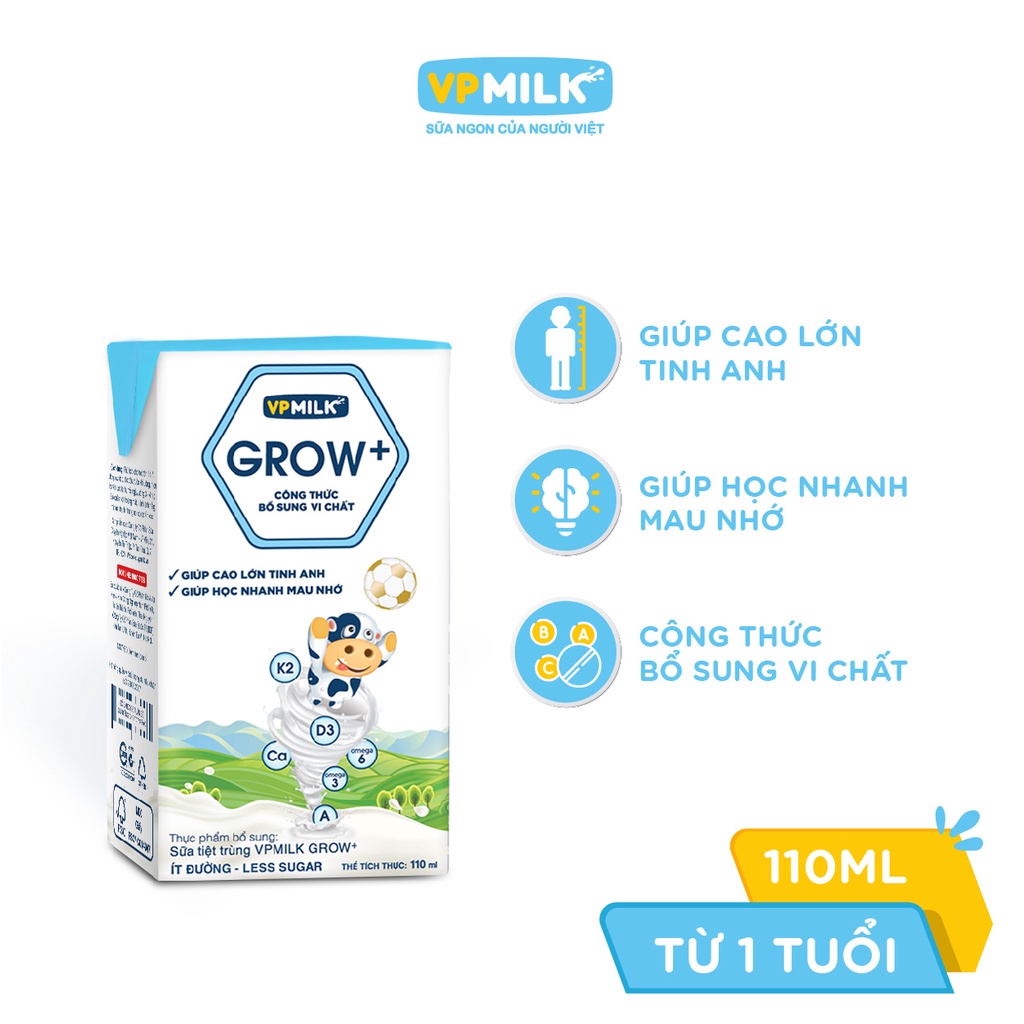 Sữa Tiệt Trùng Ít Đường VPMilk Grow+ Hộp 110ml (Lốc 4 hộp)