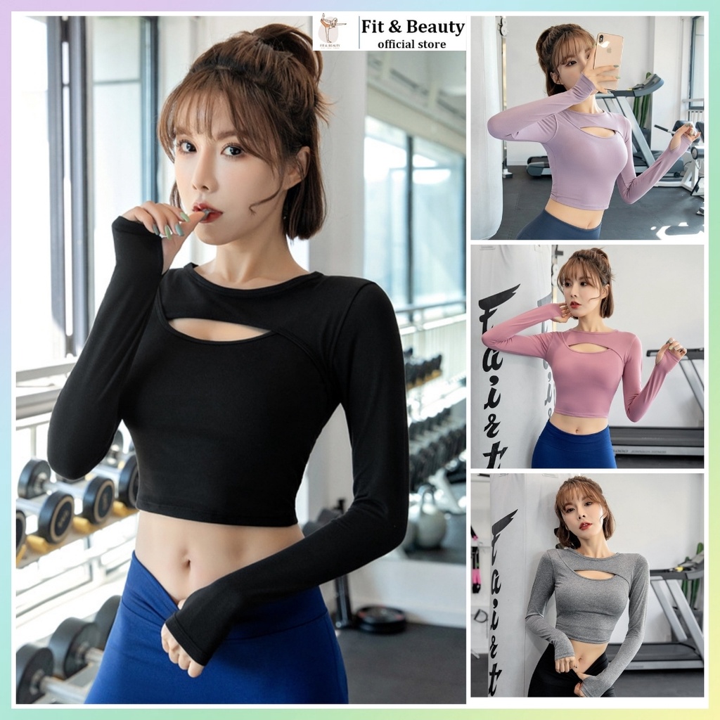 Áo croptop nữ dài tay kiểu ôm body có đệm mút nâng ngực, Áo croptop tập gym nữ bigsize  CROP13