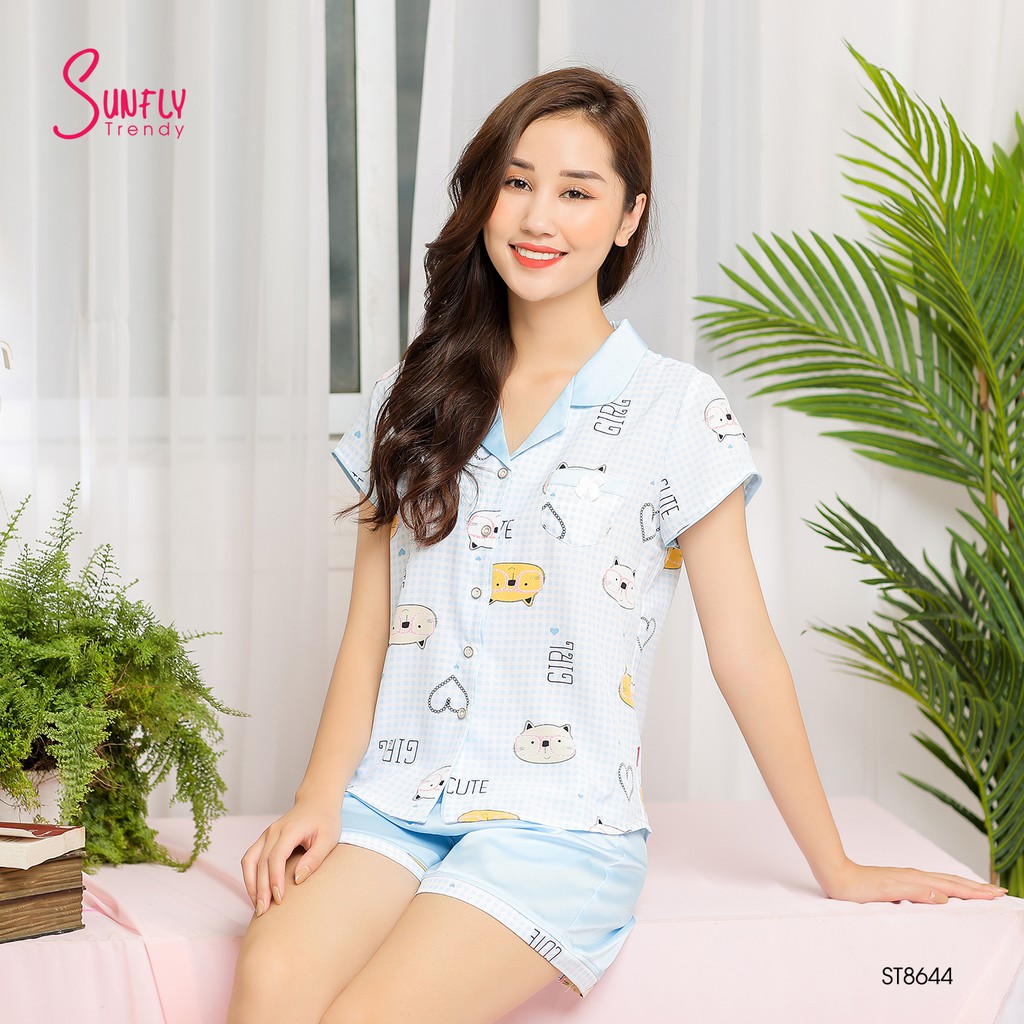 Bộ Pijamas lụa Sunfly áo cộc quần sooc ST8644