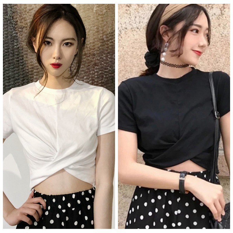 Áo croptop tay ngắn cổ tròn thiết kế màu trơn thanh lịch Sexy