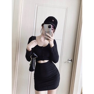 Đầm tay dài 4 nút hở eo Yoona