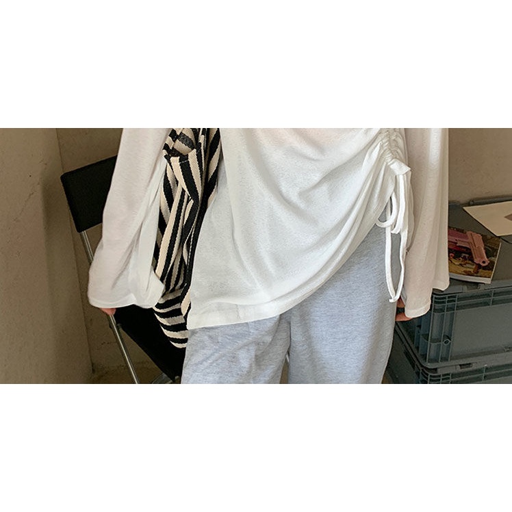 Áo Thun Tay Dài Dáng Rộng Vải Mỏng Phối Dây Rút Thoáng Khí Thời Trang Cho Nữ