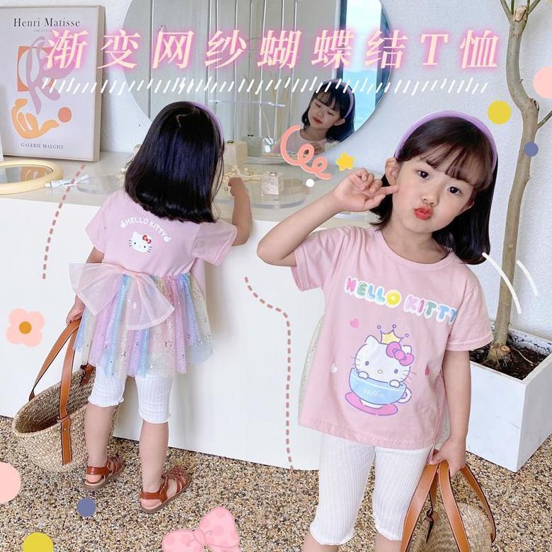 Áo Thun Tay Ngắn Phối Lưới Đính Nơ Màu Hồng Gradient Phong Cách Hàn Quốc Thời Trang Mùa Hè Hàng Mới Dành Cho Bé Gái 2022