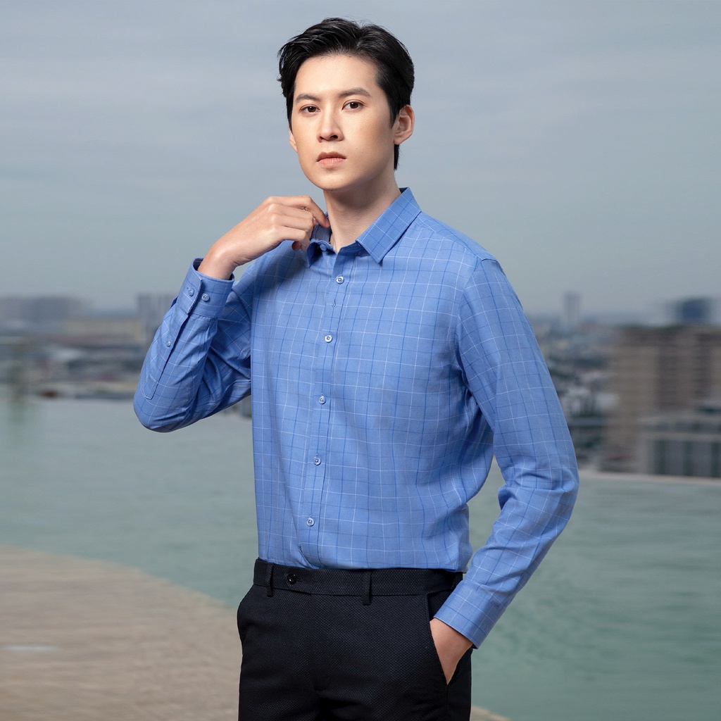 Áo Sơ Mi Nam Dài Tay 1047 Sợi Tre & Lông Cừu Cao Cấp Xanh Dương Kẻ Caro - Vulcano