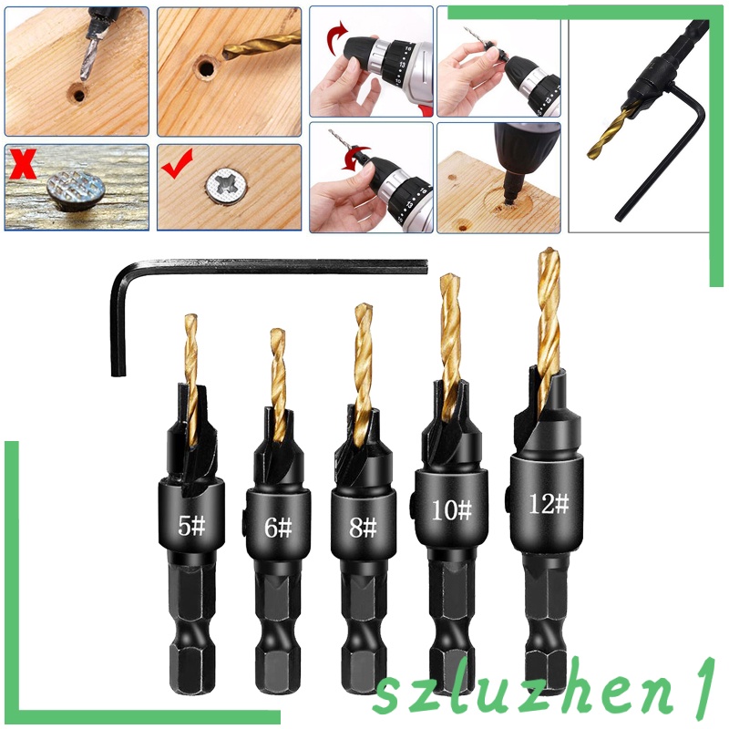 [Hi-tech]  5 Pcs HSS Steel Countersink Drill Bits with Wrench for Woodworking