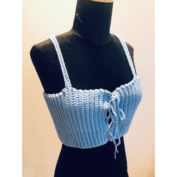 Áo croptop áo hai dây len móc thắt nơ ngực xanh thiên thanh