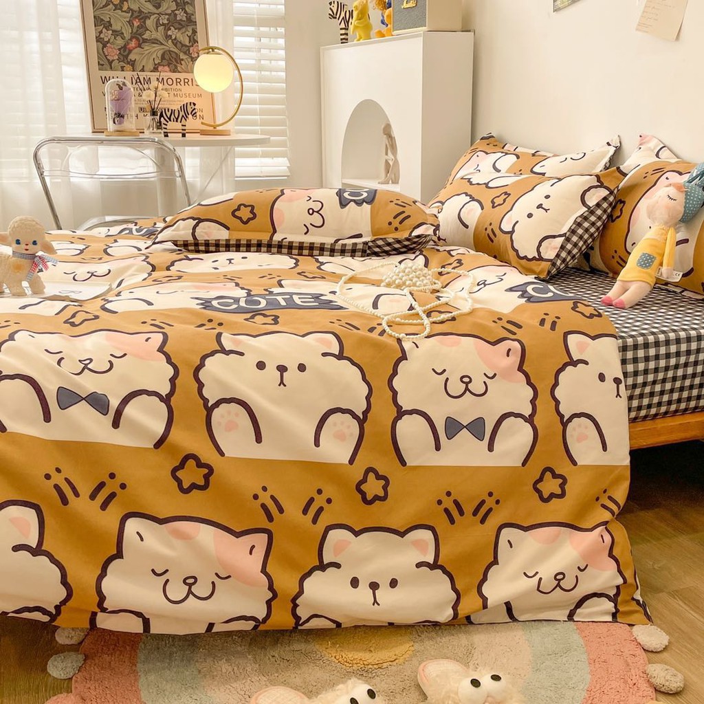 Bộ chăn ga gối cotton poly Lidaco decor phòng ngủ vintage - Mèo Nâu ( SP001408 )