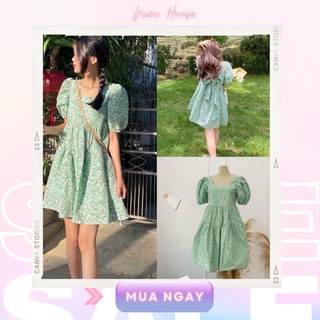 Đầm váy hoa nhí xanh thô dây nơ lưng style Ulzzang