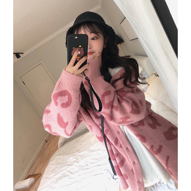 Áo Khoác Len Cardigan Cổ Chữ V In Họa Tiết Da Báo Thời Trang Cho Nữ