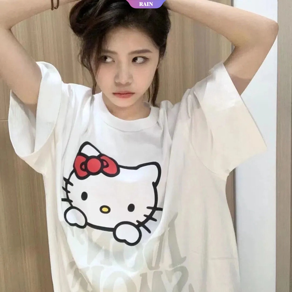 Áo Thun Tay Ngắn Dáng Rộng In Hình Sanrio Hello Kitty Phong Cách Nhật Bản Dễ Thương
