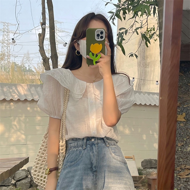 Summer sweet ruffled doll collar light green shirt Korean style loose short-sleeved top