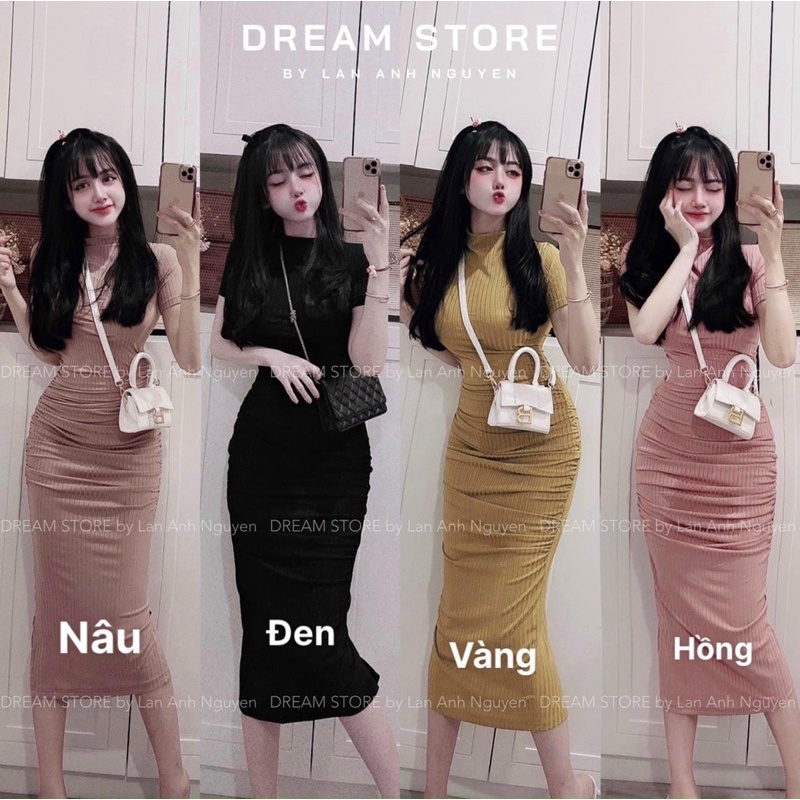 Đầm Ôm Body Nữ Tay Ngắn Cổ Lọ Dáng Dài Midi Nhún Hông