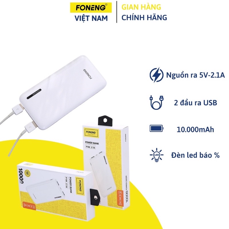 Pin Sạc Dự Phòng FONENG P100, 2 Cổng USB Tiện Lợi, Cao Cấp, Chính Hãng, Dung Lượng Thật 10.000 mAh