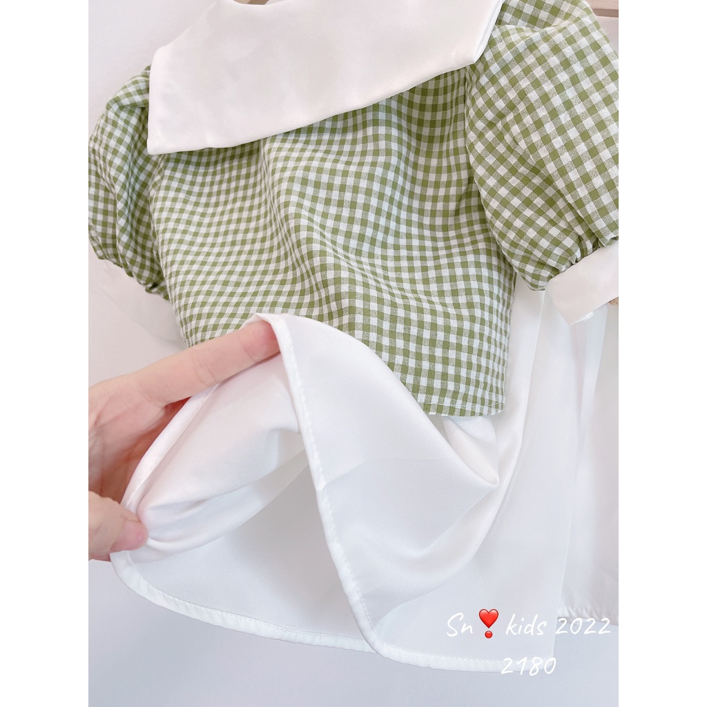 Sét váy vintage cho bé gái, set áo caro xanh 2 hàng cúc kèm chân váy xòe trắng cho bé size 12-35kg