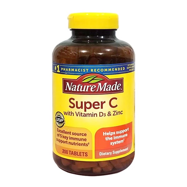 [Date 2023]VIÊN UỐNG TĂNG CƯỜNG HỆ MIỄN DỊCH NATURE MADE SUPER C WITH VITAMIN D3 &amp; ZINC  chai 200 VIÊN