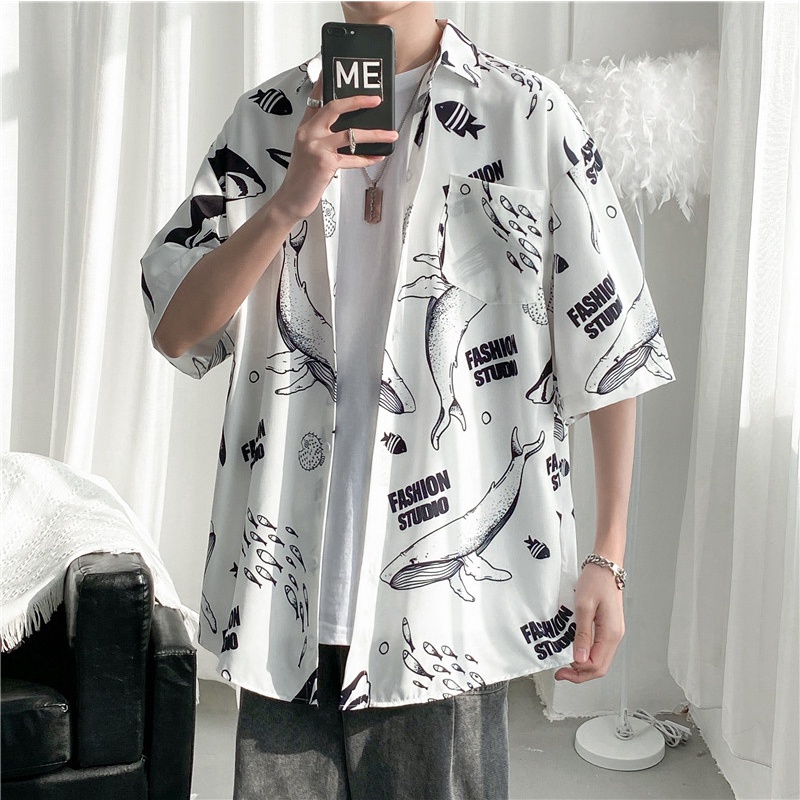 Short Sleeve Shirt With Cartoon Shark Print Korean Style Summer Fashion For Men 2022