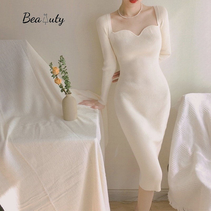[MURIOKI] [Co Giãn Tốt] Đầm Sweater Dệt Kim Dài Đến Giữa Bắp Chân Dáng Ôm Cổ Em Bé Hàn Quốc Thanh Lịch Cho Nữ