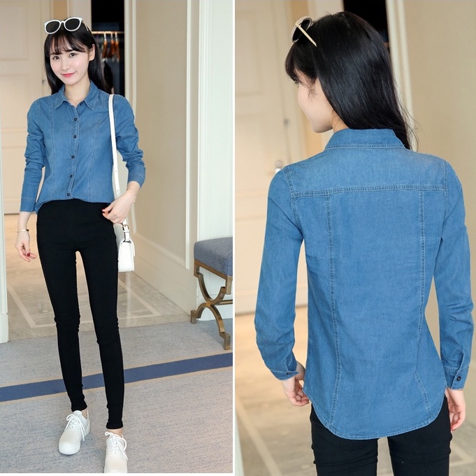 Áo Sơ Mi Denim Tay Dài Dáng Ôm Dễ Phối Đồ Thời Trang Mùa Thu Phong Cách Hàn Quốc
