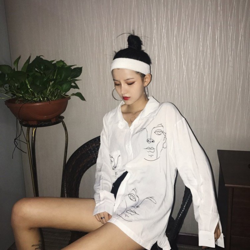 Áo sơ mi trắng tay dài hoạ tiết in thiết kế thanh lịch cho phái nữ