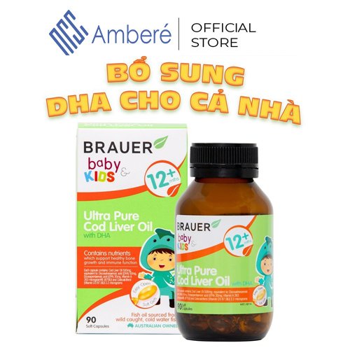 Viên uống bổ sung DHA Brauer Baby &amp; Kids Ultra Pure Cod Liver Oil cho trẻ từ 12 tháng hộp 90 viên