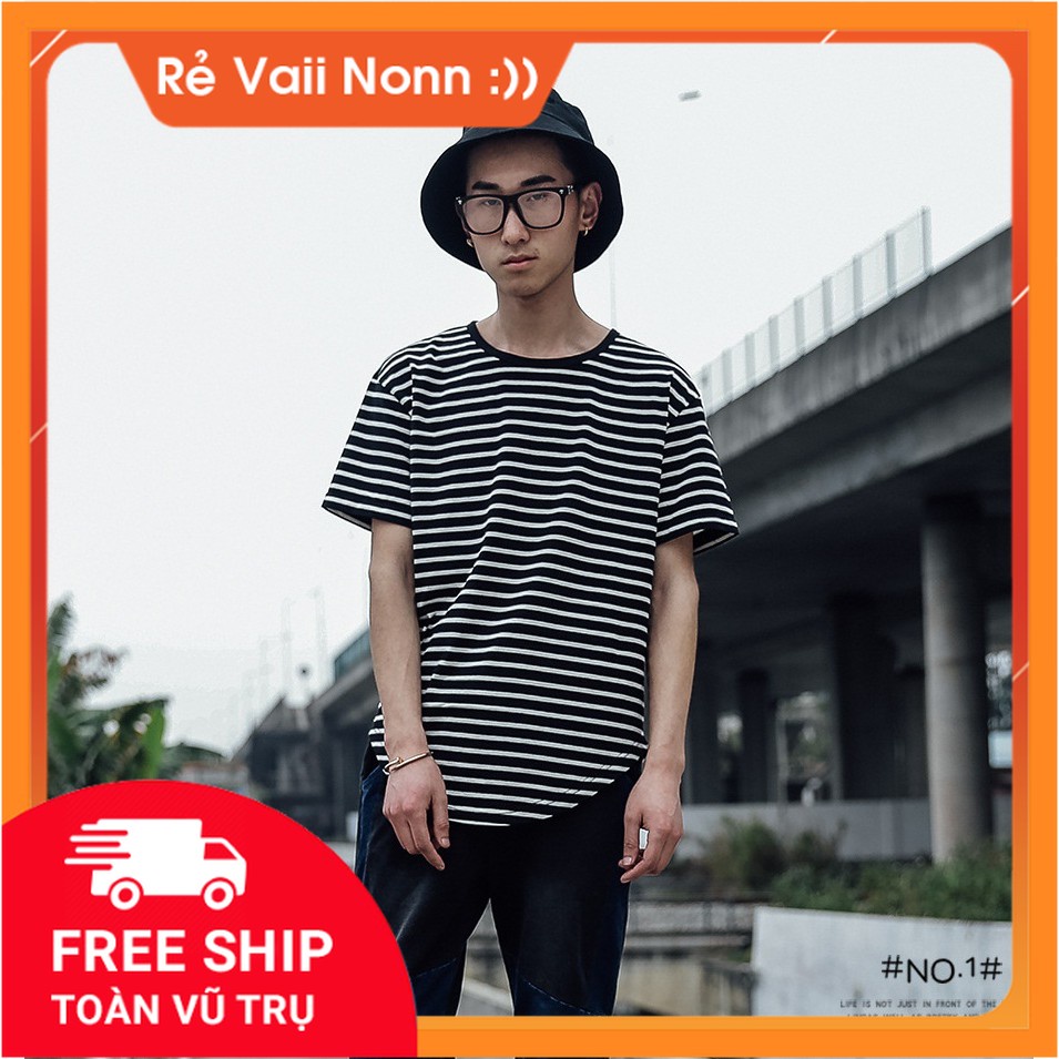 Áo Thun Cotton Tay Lỡ Kẻ Ngang Đen Xi Tin