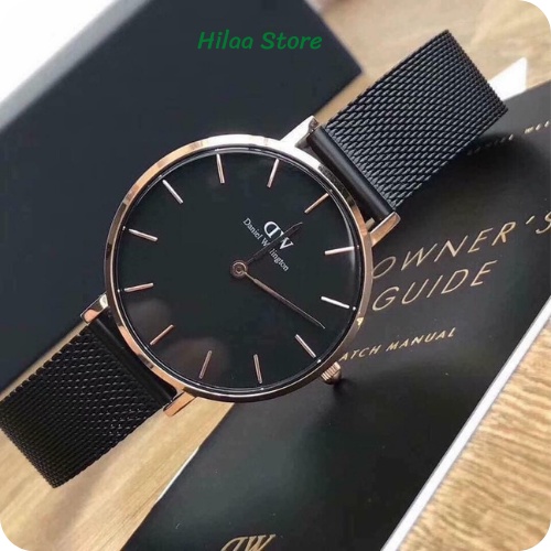 Đồng hồ d.|.w dây lưới đen đủ size cho nam nữ
