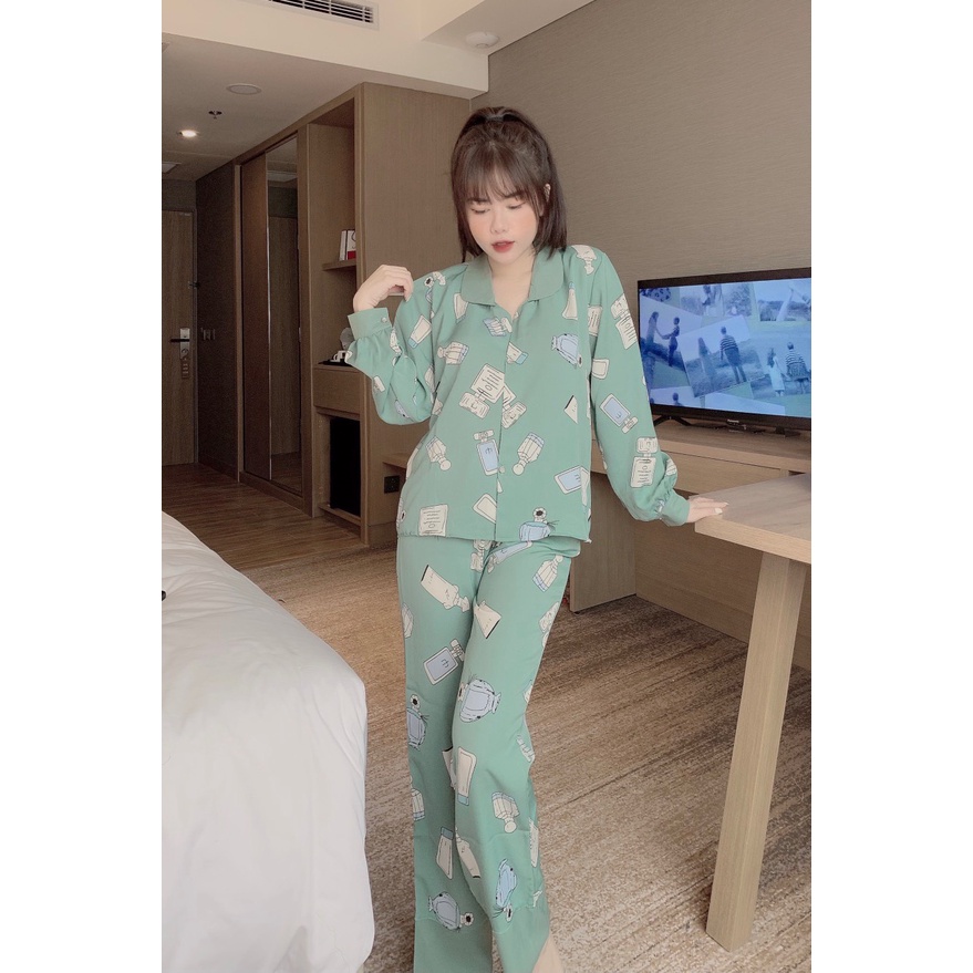 Bộ ngủ Pijama cổ sen tròn, đồ bộ mặc nhà dài họa tiết chất liệu lụa mago freesize | BigBuy360 - bigbuy360.vn