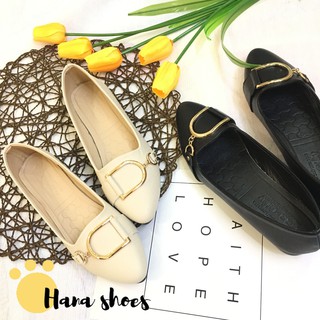 Hình thật - CT2 Giày bệt búp bê nữ mũi nhọn đính khóa da mềm
